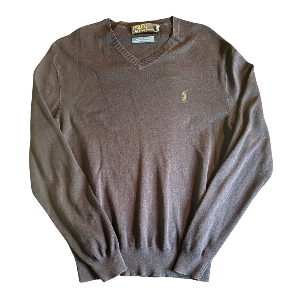 Polo Ralph Lauren V-Neck Sweater Mens S Navy Blue Pima Cotton Green Pony Logo